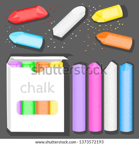 Color chalk for drawing on blackboard or sidewalk. Crayons with chipped edges and crushed chalk. Tool for creativity. Children's toy. Color fill isn't the gradient. Vector illustration. EPS 8. Royalty-Free Stock Photo #1373572193