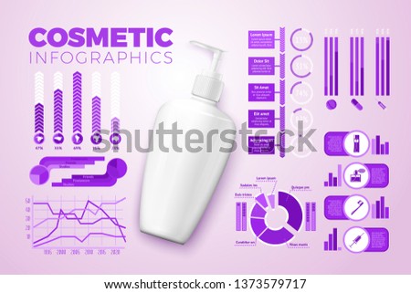 Vector realistic 3d cream bottle, with business infographics, icons and charts isolated on bright background.