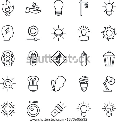 Thin Line Icon Set - sun vector, brainstorm, bulb, fire, garden light, traffic, torch, brightness, desk lamp, candle, smoke detector, energy saving, alarm led, palm sproute, shining head, idea