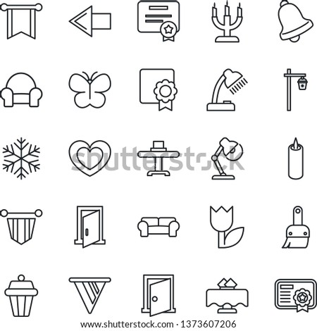 Thin Line Icon Set - left arrow vector, pennant, butterfly, garden light, heart, tulip, themes, bell, sertificate, desk lamp, cushioned furniture, restaurant table, candle, snowflake, outdoor, door