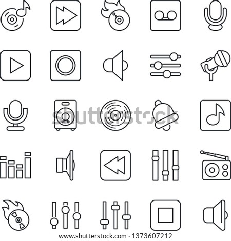 Thin Line Icon Set - vinyl vector, flame disk, microphone, radio, speaker, settings, equalizer, play button, stop, fast forward, rewind, tuning, bell, record, music, sound