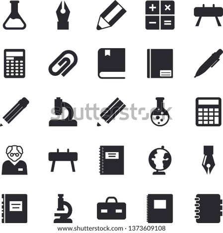 Solid vector icon set - chemistry flat vector, calculator, microscope, briefcase, notebook, ink pen, pencil, globe, textbook, scientist, sports equipment horse, clip
