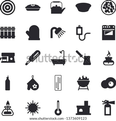 Solid vector icon set - shower flat vector, heating batteries, teapot, potholder, turk, electric stove, induction cooker, coffee machine, temperature, barbecue, pizza, soup, pie, scrambled eggs, sun