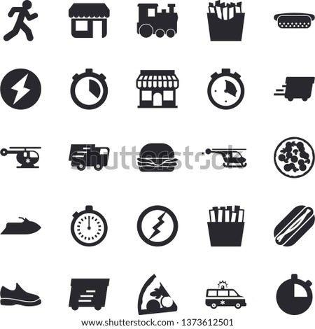 Solid vector icon set - hamburger flat vector, hot dog, pizza, French fries, store front, trucking, express delivery, ambulance, helicopter, lightning, sneakers, stopwatch, run, train 