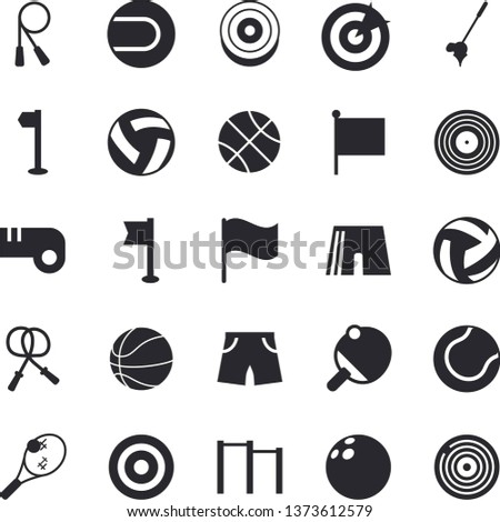 Solid vector icon set - flag flat vector, target, bowling ball, basketball, volleyball, skipping rope, parallel bars, athletic shorts, sports, tennis, table, whistle, , golf
