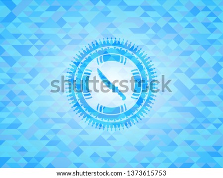 combat knife icon inside light blue emblem with triangle mosaic background