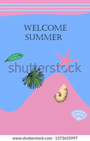 Summer rest. Starfish, seashell, leaves of tropical plants. Vector background