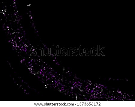 Music notes, treble clef, flat and sharp symbols flying vector design. Notation melody record concept. Concert poster background. Ultra violet musical notation.