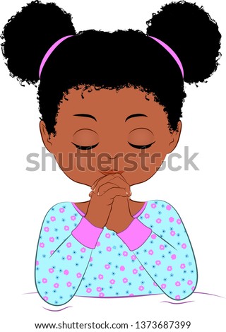 Black girl praying before she goes to bed, illustration, cute, big hair, dressed in her pajamas.