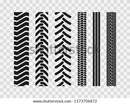 Heavy machinery tires track patterns, building of agricultural vehicles tires footprints,  industrial transport ground trace or marks textures as seamless loopable elements Royalty-Free Stock Photo #1373706872