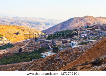 Aerial view of Bekaa valley, hills and small villages, Lebanon