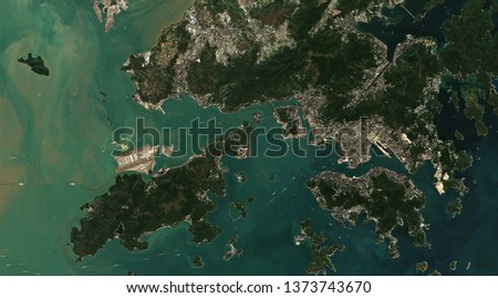 High resolution satellite image of Hong Kong City, China, based on Copernicus Sentinel 2 imagery 2019