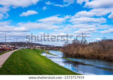 The view across the Galena River in Illinois from the top of the levee. Royalty-Free Stock Photo #1373757959