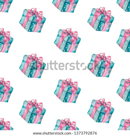 Present box seamless gift pattern. Giveaway holidays repeated pattern present boxes illustration For greeting birthday, celebration card Watercolor clip art, beauty style on white background Geometric