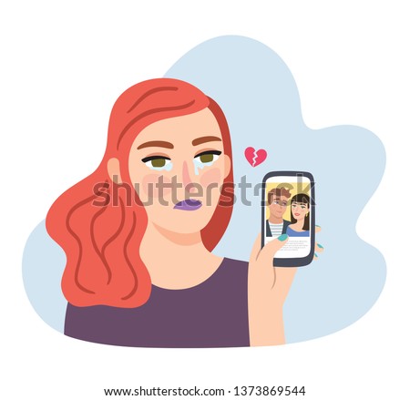 Broken heart on social media. Stalking ex-boyfriend with new girlfriend on mobile application. Jealous woman in tears holding phone with cheating boyfriend on screen. Flat style, vector illustration Royalty-Free Stock Photo #1373869544