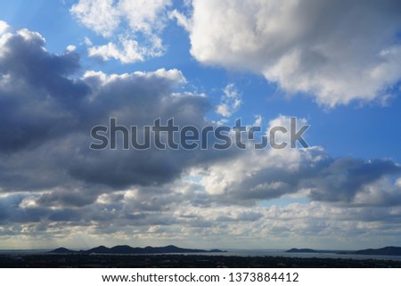 Blue  sky in cloudy day over landscape of city and lake.