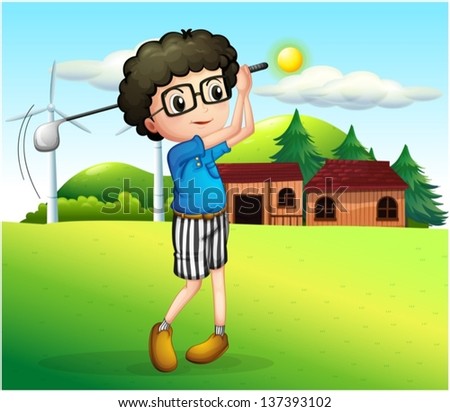 Illustration of a little boy playing golf
