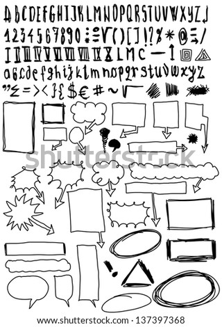 Hand drawn font and numbers, doodles bubble speech, signs and symbols