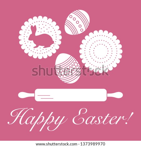 Vector illustration with cookies, rabbit-shaped glaze and without, decorated eggs, rolling pin. Happy Easter. Festive background. Design for banner, poster or print.