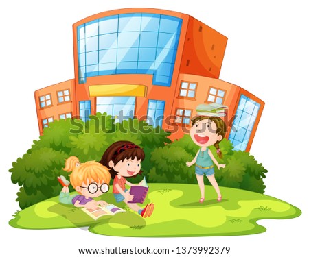 Children playing outside school illustration