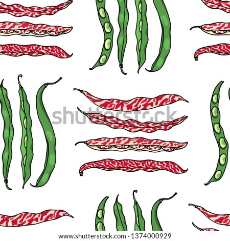 Vector seamless pattern with hand drawn green bean and pinto bean pods. Beautiful food design elements, ink drawing, perfect for prints and patterns