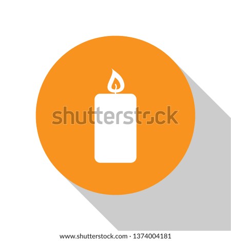 White Burning candle icon isolated on white background. Old fashioned lit candle. Cylindrical aromatic candle stick with burning flame. Orange circle button. Flat design. Vector Illustration