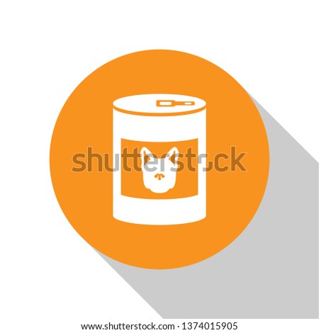 White Canned food for dog icon isolated on white background. Food for animals. Pet dog food can. Orange circle button. Vector Illustration