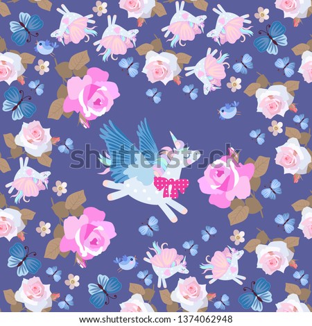 Funny pegasus and flying unicorns - butterflies among rose flowers on dark blue background. Seamless pattern.