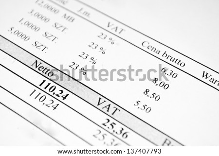 Invoice with net, gross, vat tax values