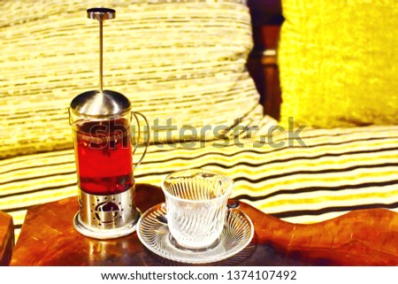 Set of herbal traditional Turkish floral tea on dark brown wooden table, soft and selective focus blurry of sofa and big pillow background, chill at restaurant after meal concept
