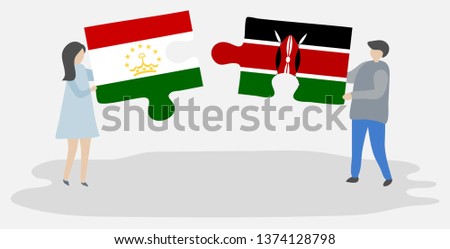 Couple holding two puzzles pieces with Tajikistani and Kenyan flags. Tajikistan and Kenya national symbols together.