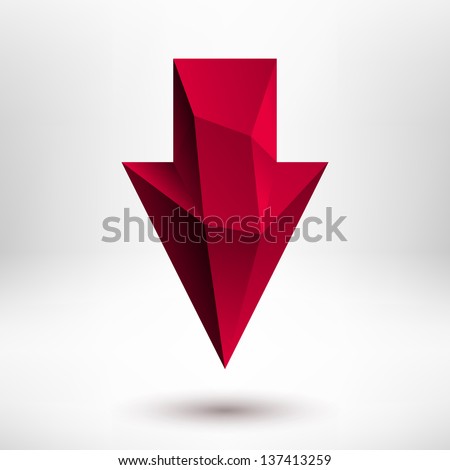 3d faceted red down arrow sign with realistic shadow and light background for internet sites, web user interfaces (UI), applications (apps) and business presentations. Vector design illustration.