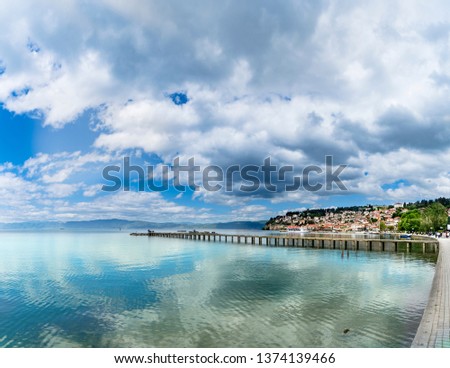 Panoramic view of Ohrid lake, port and old town, copyspace