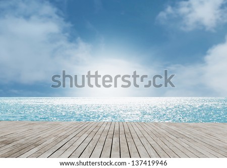 Beach Scene With Wooden Floor,Dramatic Look Royalty-Free Stock Photo #137419946