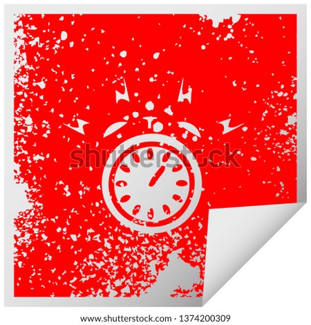 distressed square peeling sticker symbol of a ringing alarm clock