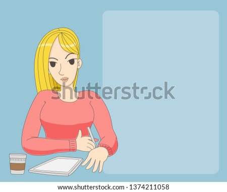 working woman, vector illustration on empty space background. creative flat composition. the best work, successful work.girl online assistant at work. promotion in the network with copy space for text