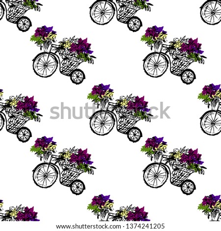 Bicycle with a basket of flowers. Seamless pattern. Vector illustration.