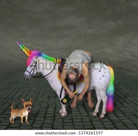 The drunk man with a bottle of champagne is lying across the unicorn saddle. His dog is next to him.