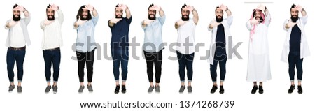 Collage of young man with beard and long hair over white isolated background smiling making frame with hands and fingers with happy face. Creativity and photography concept.