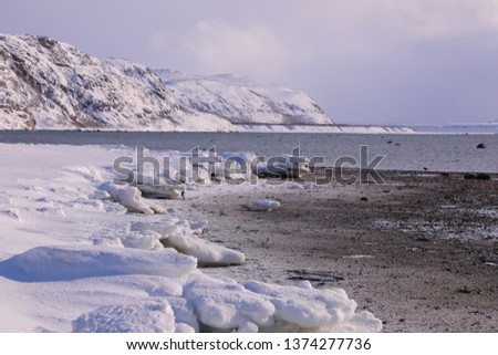 winter seashore against the backdrop of the mountains. space for text