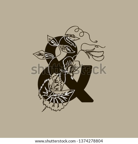 Black Hand Drawn Floristic Feminine Brand Logo Template, Monogram Ampersand with Delicate Flowers, Branches, Plants. Decorative Outlined Vector Illustration. Floral Design Element.