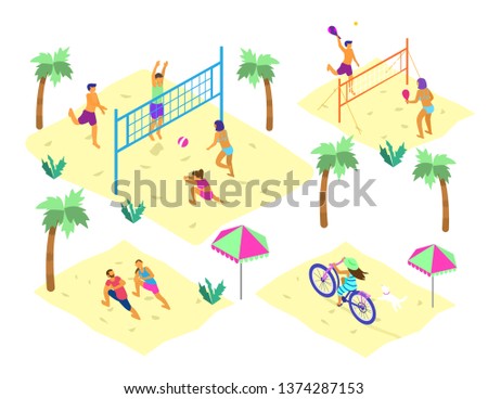 Vector set of isometric beach scenes with different people doing summer sports. Summer outdoors activities. Beach volley, racket ball, yoga on the beach, riding fat bike.