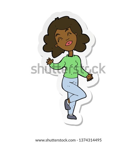 sticker of a cartoon happy woman dancing