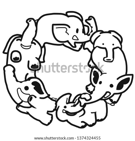 Elephant in zero shaped doodle art. Black and white vector illustration for coloring book.