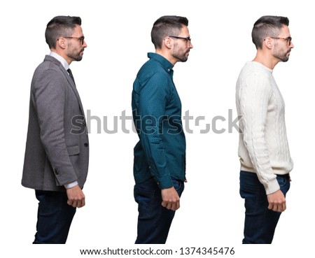 Collage of handsome business man over white isolated background looking to side, relax profile pose with natural face with confident smile.