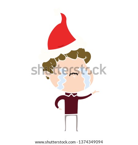 hand drawn flat color illustration of a man crying wearing santa hat