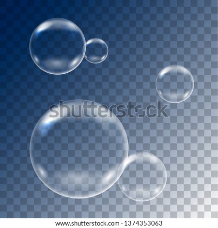 Realistic illustration of set of flying soap bubbles on transparent blue background - vector Royalty-Free Stock Photo #1374353063