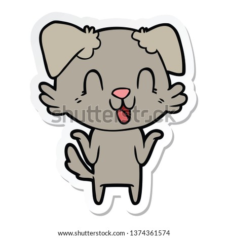 sticker of a laughing cartoon dog shrugging shoulders