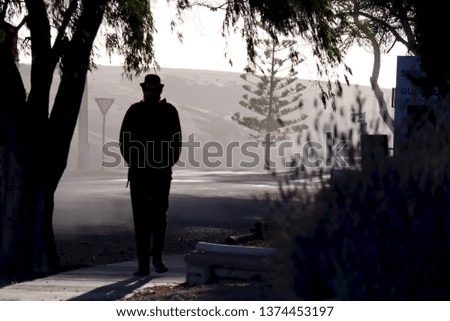 Shadow man walking in the shadows of the light under a tree during afternoon with amazing backlight