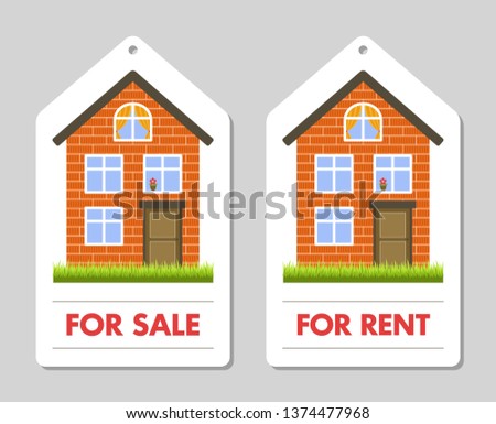 Real estate tag. For sale and for rent. Orange brick house on the grass. A brown door and windows with yellow curtains and a red flower. Vector clip art.